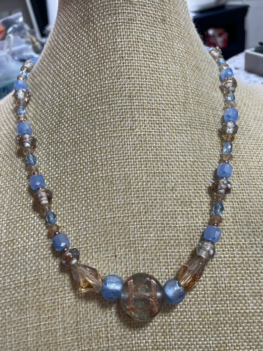 Artisan Vintage Cake Bead and Art Glass Necklace with Crystals.